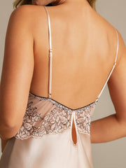 Blush mulberry silk lace trim nightgown with delicate spaghetti straps and keyhole back detail.