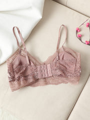 Mulberry silk lace-trimmed bra in dusty rose with adjustable straps and hook-and-eye closure.