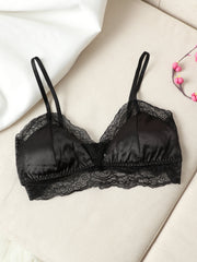 Black mulberry silk lace-trimmed bra with adjustable straps, perfect for silk lingerie.