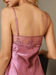 Mulberry silk lace V-neck nightgown in pink, featuring delicate floral embroidery on the back.