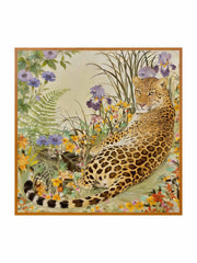 Mulberry silk leopard & floral scarf, 90x90cm, featuring a leopard amidst colorful flowers.