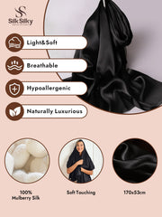 Black 100% Mulberry silk long scarf/shawl, soft and luxurious, 170x53cm.