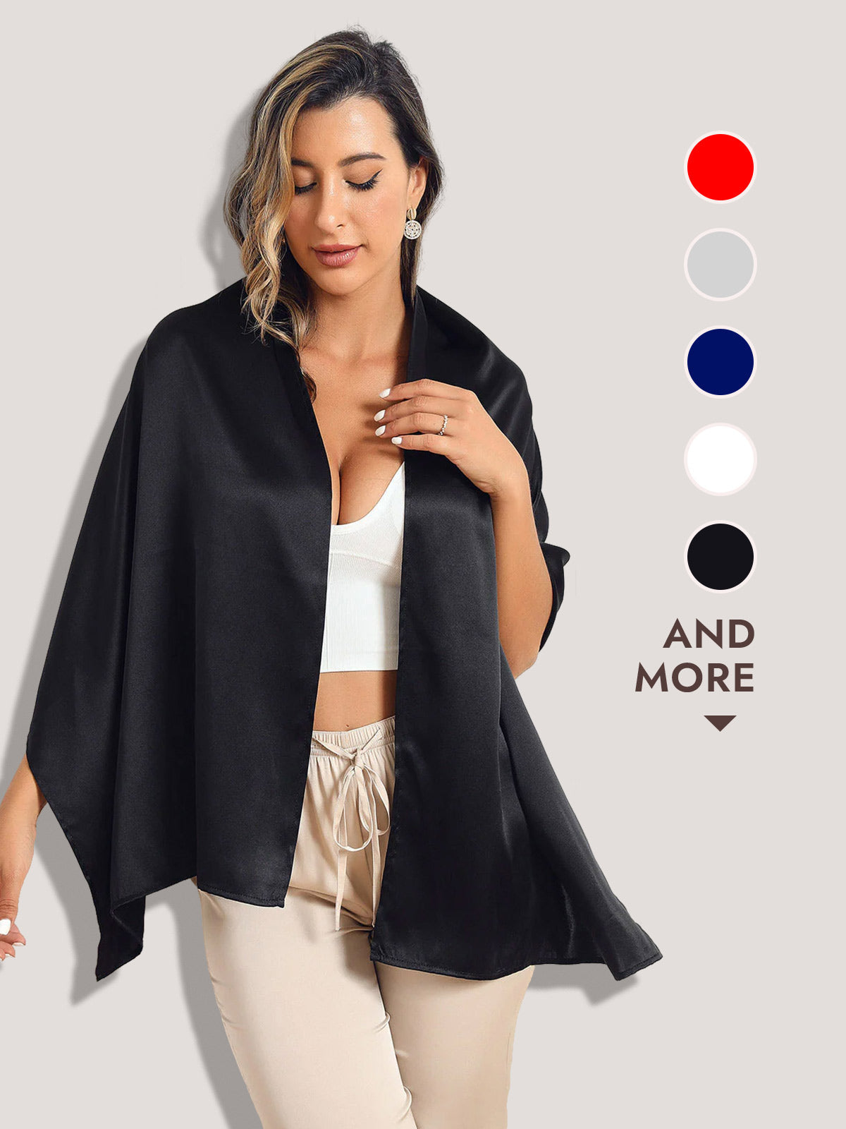 Woman modeling a luxurious black mulberry silk long scarf/shawl, 170x53cm.