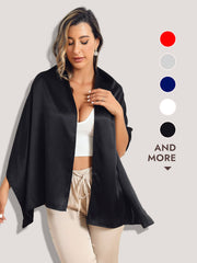Woman modeling a luxurious black mulberry silk long scarf/shawl, 170x53cm.