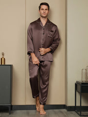 Men's mulberry silk long sleeve pajamas set in brown with white piping.