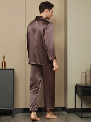 Men's mulberry silk long sleeve pajamas set in brown with white piping.