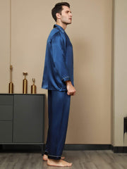 Men's mulberry silk long sleeve pajamas set in deep blue with white piping.