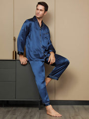 Men's dark blue mulberry silk long sleeve pajama set with white piping, size S.