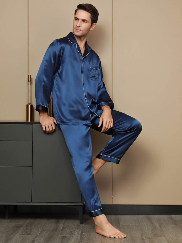 Men's dark blue mulberry silk long sleeve pajama set with white piping, size S.