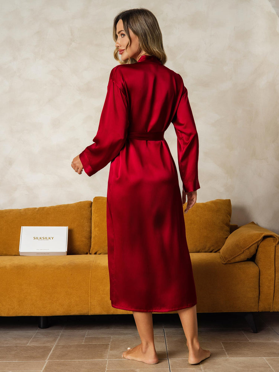 Women's long sleeve midi robe in luxurious red mulberry silk, tied at the waist.