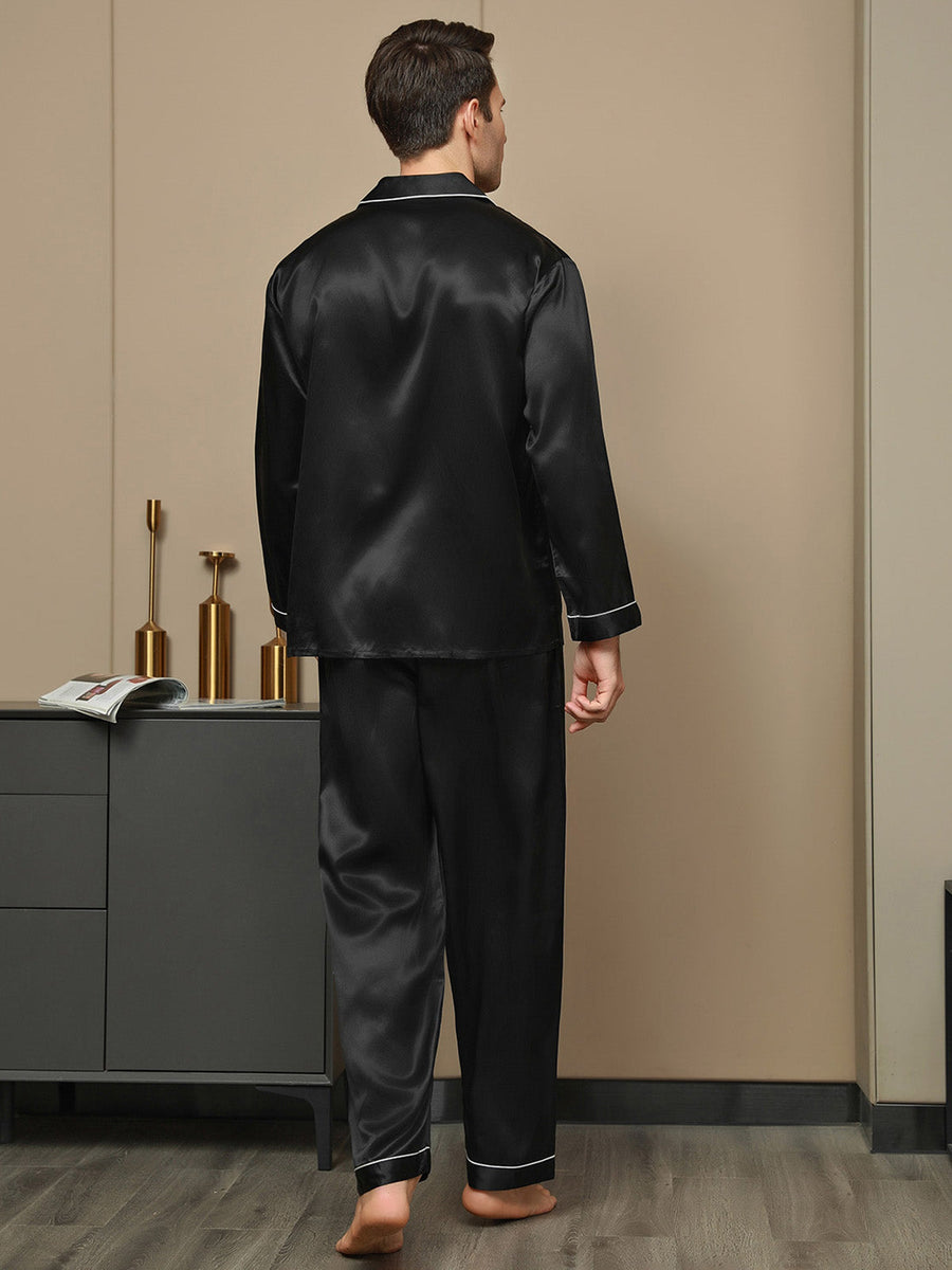 Men's black mulberry silk long sleeve pajamas with white piping and notch collar.