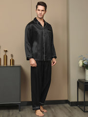 Men's black mulberry silk pajama set with white piping, long sleeves, notch collar, and button-up design.