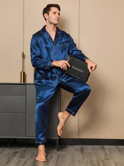Men's dark blue mulberry silk long sleeve notch collar pajama set with button-up design.