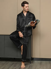 Black 100% Mulberry Silk men's pajamas set with notch collar, button-up design, and white piping.