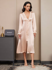 Women's blush pink mulberry silk V-neck midi nightgown with lace trim and button-front design.