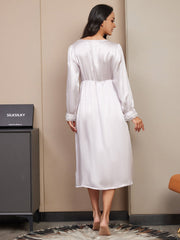 Women's mulberry silk long sleeve V-neck midi nightgown in light silver with delicate lace cuffs.