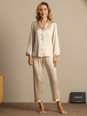 Champagne 100% Mulberry Silk long sleeve women's pajamas set with collared top and pants.