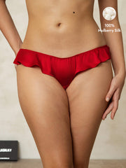 Red 100% Mulberry Silk low-rise ruffle trim panty.