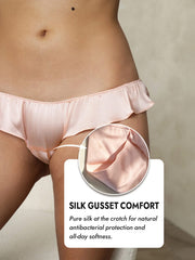 Pink mulberry silk low-rise ruffle trim panty with a pure silk gusset for comfort.