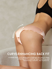 Peach 100% mulberry silk low-rise ruffle trim panty with curve-enhancing back fit.