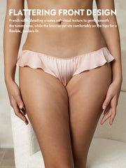 Peach mulberry silk low-rise panty with ruffle trim, offering a flattering front design.