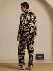 Men's black mulberry silk pajamas with gold dragon and baroque print, long sleeve, notch collar.