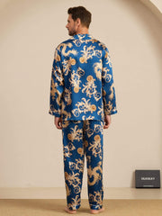 Men's mulberry silk pajamas: blue with gold dragon and baroque print, long sleeve, notch collar.