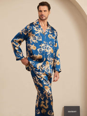 Men's mulberry silk pajamas: blue, long-sleeve, notch collar, with gold dragon and baroque print.