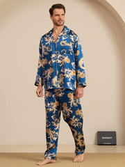 Men's mulberry silk pajamas: blue, long-sleeve, notch collar, gold dragon print.