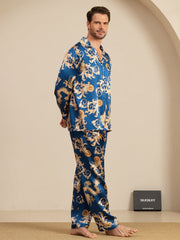 Men's blue mulberry silk pajamas with gold dragon print, long sleeves, and notch collar.