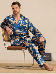 Men's mulberry silk pajamas: blue, long-sleeve, notch collar, with gold dragon print and white piping.