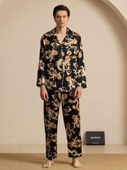 Men's black mulberry silk pajamas with gold dragon print, long sleeve, and notch collar.