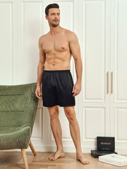 Men's black mulberry silk lounge shorts sleep bottoms.