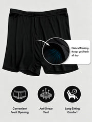 Black mulberry silk men's boxer briefs with a convenient front opening, highlighting natural cooling and anti-sweat vent.