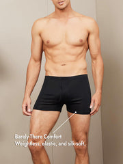 Black mulberry silk men's boxer briefs with a front opening, offering weightless, elastic, and silk-soft comfort.