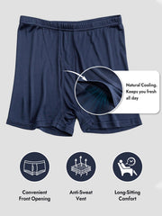 Navy blue mulberry silk men's boxer briefs with a convenient front opening, anti-sweat vent, and natural cooling.