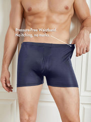 Navy blue mulberry silk men's boxer briefs with a front opening and pressure-free waistband.