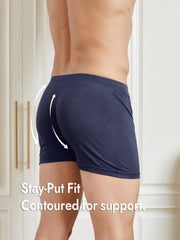 Men's navy mulberry silk boxer briefs with a stay-put fit, contoured for support.