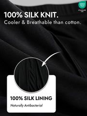 Black mulberry silk knit fabric with a close-up showing the silk lining and front opening detail.