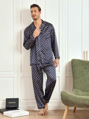 Men's navy mulberry silk pajama set with gold chain print, long sleeves, and pants.