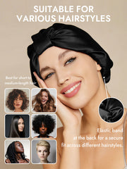Black mulberry silk night turban bonnet with elastic band, shown on a woman and suitable for various hairstyles.