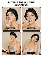 Woman wearing a black mulberry silk night turban bonnet for makeup, washing, reading, and rest.