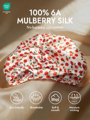White mulberry silk night turban bonnet with red cherry pattern.