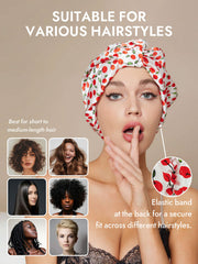 White mulberry silk night turban bonnet with red cherry pattern and elastic band.