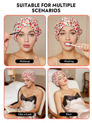 Women's mulberry silk night turban bonnet with red strawberry pattern, shown in multiple scenarios.