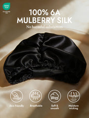 Black 100% 6A mulberry silk night turban bonnet, soft and smooth for hair care.