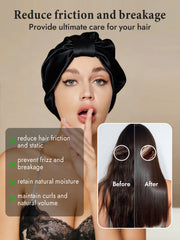 Black mulberry silk night turban bonnet on a woman, showing hair care benefits.