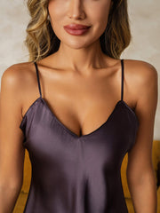 Women's mulberry silk nightgown in dark gray with V-neck and spaghetti straps.
