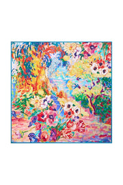 Mulberry silk square scarf, 53x53cm, featuring a vibrant, colorful oil painting floral design.