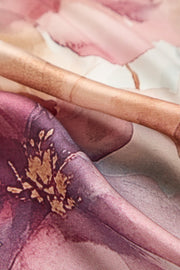 Mulberry silk square scarf with a soft pink and purple abstract pattern, 53x53cm.